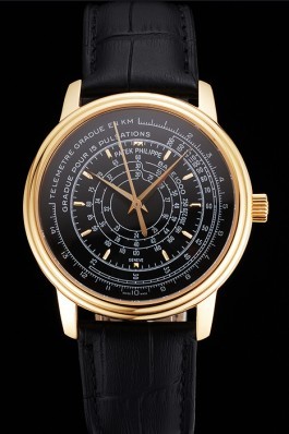 Swiss Patek Philippe Multi-Scale Chronograph Black Dial Gold Case Black Leather Strap Fake Patek Philippe