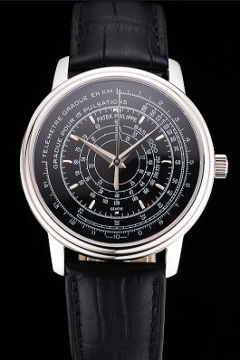 Swiss Patek Philippe Multi-Scale Chronograph Black Dial Stainless Steel Case Black Leather Strap Fake Patek Philippe