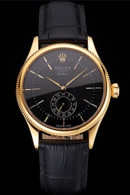Swiss Rolex Cellini Black Dial Gold Case Black Leather Strap Replica Rolex