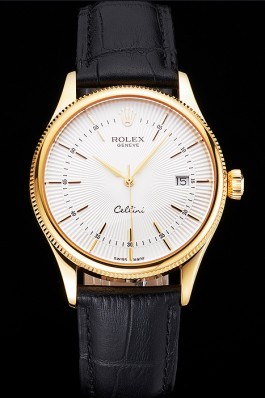 Swiss Rolex Cellini Date White Dial Gold Case Black Leather Strap Replica Rolex