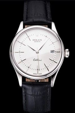 Swiss Rolex Cellini Date White Dial Stainless Steel Case Black Leather Strap Replica Rolex