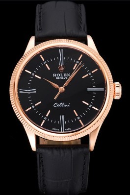 Swiss Rolex Cellini Time Rose Gold Case Black Dial Black Leather Bracelet 622656 Replica Rolex