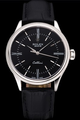 Swiss Rolex Cellini Time Silver Case Black Dial Black Leather Bracelet 622654 Replica Rolex
