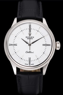 Swiss Rolex Cellini Time Silver Case White Dial Black Leather Bracelet 622653 Replica Rolex