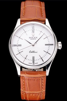 Swiss Rolex Cellini White Dial Roman Numerals Stainless Steel Case Light Brown Leather Strap Replica Rolex