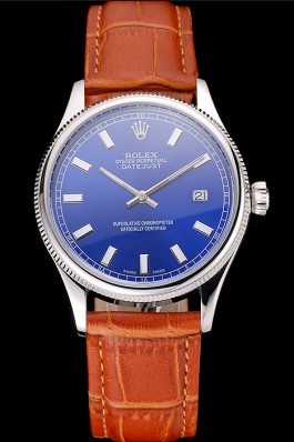 Swiss Rolex Datejust Blue Dial Stainless Steel Case Light Brown Leather Strap Replica Rolex Datejust