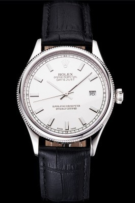 Swiss Rolex Datejust White Dial Stainless Steel Case Black Leather Strap Replica Rolex Datejust