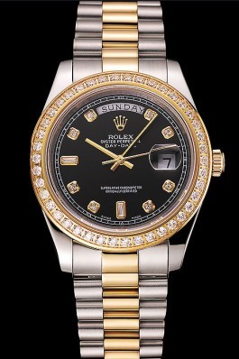 Swiss Rolex Day-Date Black Dial Gold Diamond Case Two Tone Stainless Steel Bracelet 1453976 Rolex Replica Aaa