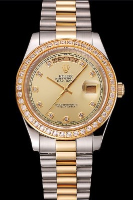 Swiss Rolex Day-Date Champagne Dial Gold Diamond Case Two Tone Stainless Steel Bracelet 1453974 Rolex Replica Aaa