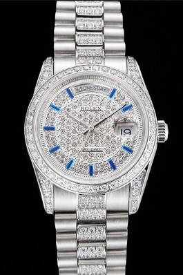 Swiss Rolex Day Date Diamond Pave Dial And Bezel And Stainless Steel Bracelet  Rolex Replica Aaa