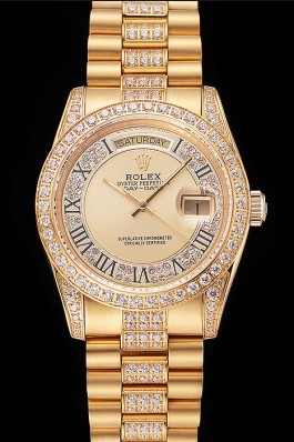 Swiss Rolex Day-Date Diamond Pave Gold Dial Gold Diamond Bracelet 1453954 Rolex Replica Aaa