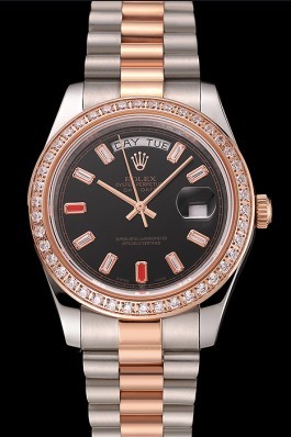 Swiss Rolex Day-Date Diamonds And Rubies Black Dial Rose Gold And Staineless Steel Bracelet 1454106 Rolex Replica Aaa