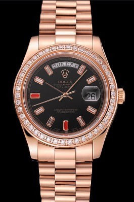 Swiss Rolex Day-Date Diamonds And Rubies Black Dial Rose Gold Bracelet 1454102 Rolex Replica Aaa