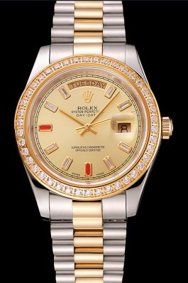 Swiss Rolex Day-Date Diamonds And Rubies Champagne Dial Two Tone Bracelet 1454104 Rolex Replica Aaa