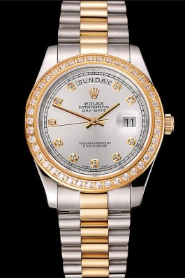 Swiss Rolex Day-Date White Dial Gold Diamond Case Two Tone Stainless Steel Bracelet 1453971 Rolex Replica Aaa